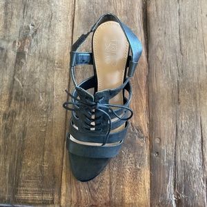 Franco Sarto, black leather, lace up sandals. Size 9, 4” heels
